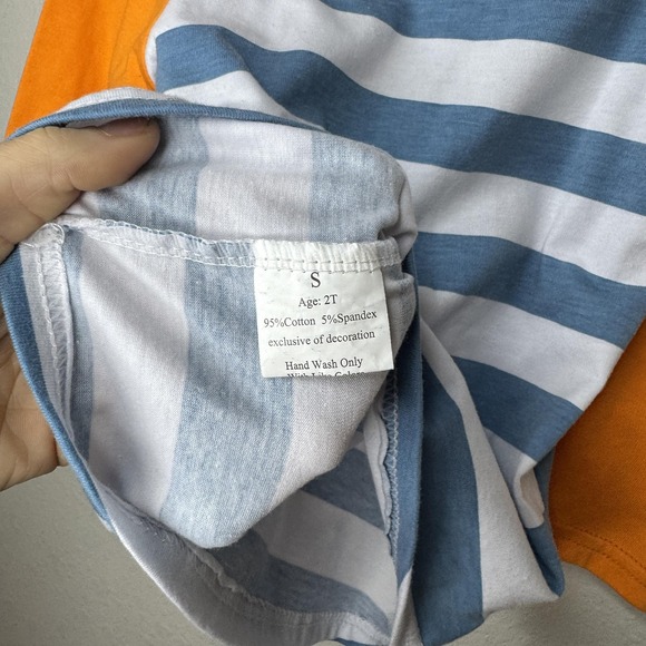 Pumpkin Shirt Toddler 2T Orange Blue Striped 3/4 Raglan Fall Halloween Applique - Picture 3 of 5